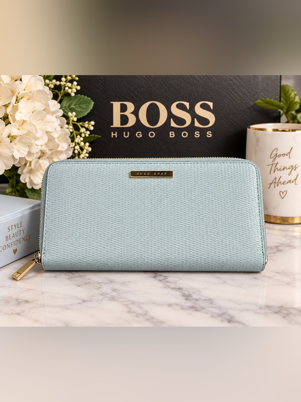 Hugo Boss Pale Blue Textured Zip Cosmetic Pouch